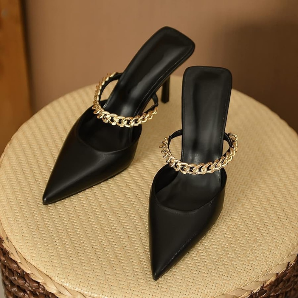 Elegant Black Heels with Gold Chain Detail